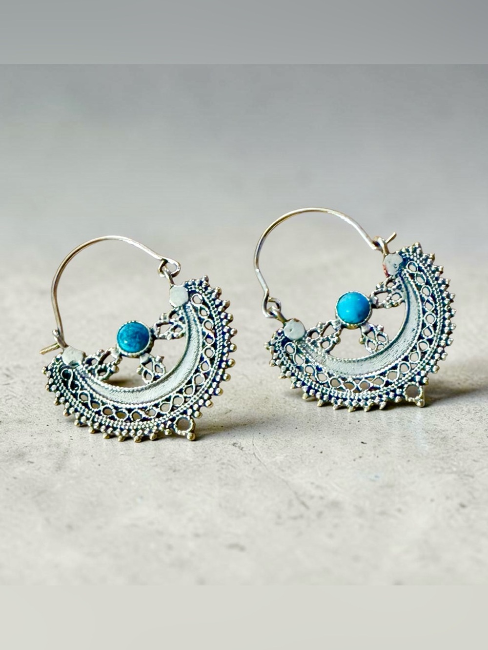 Silver & Turquoise Accent Filigree Hoop Earrings